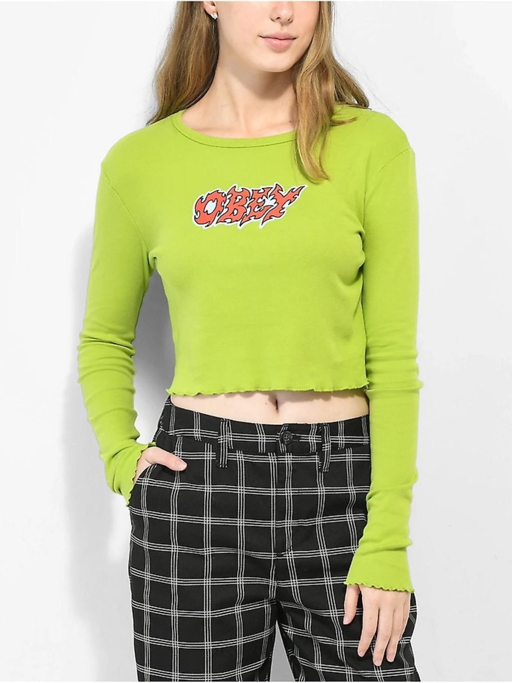 OBEY Neon Lime Cropped Long-Sleeve Top